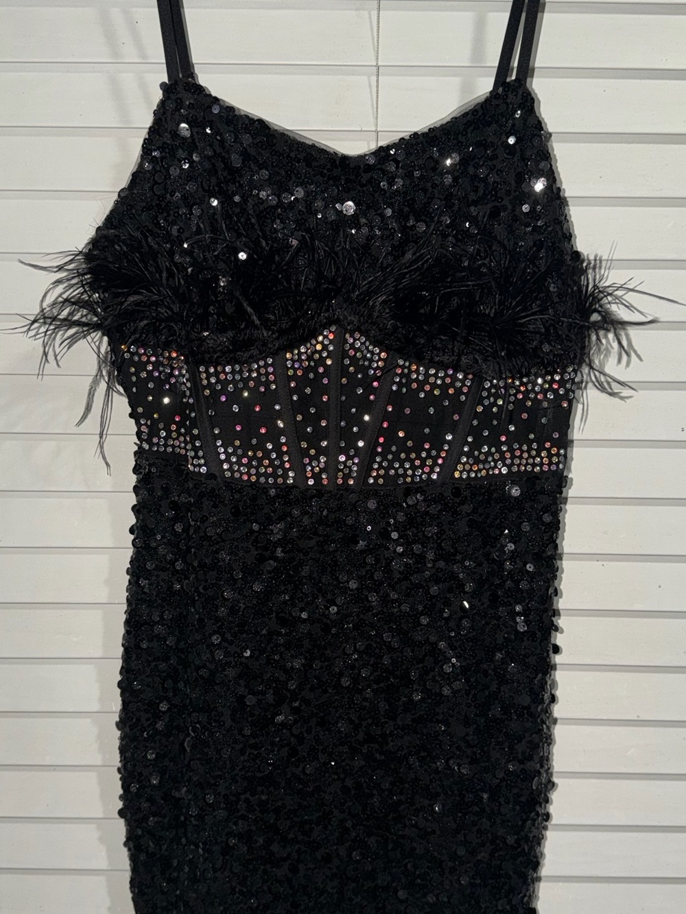 Banjul Black Sequin & Feather Trim Mini Dress with Rhinestone Waist
